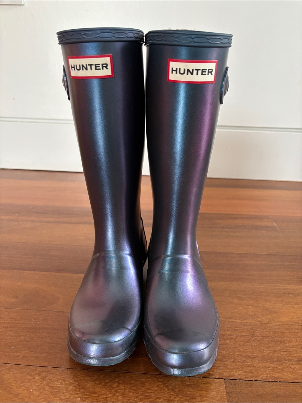 Hunter Iridescent Black and Purple Tall Rain Boots